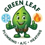 The Green Leaf Plumbing, AC & Heating company logo, featuring a friendly cartoon leaf character equipped with a tool belt and a welcoming thumbs-up, representing our professional HVAC and plumbing services, complete with snowflake and flame icons to signify our climate control expertise.